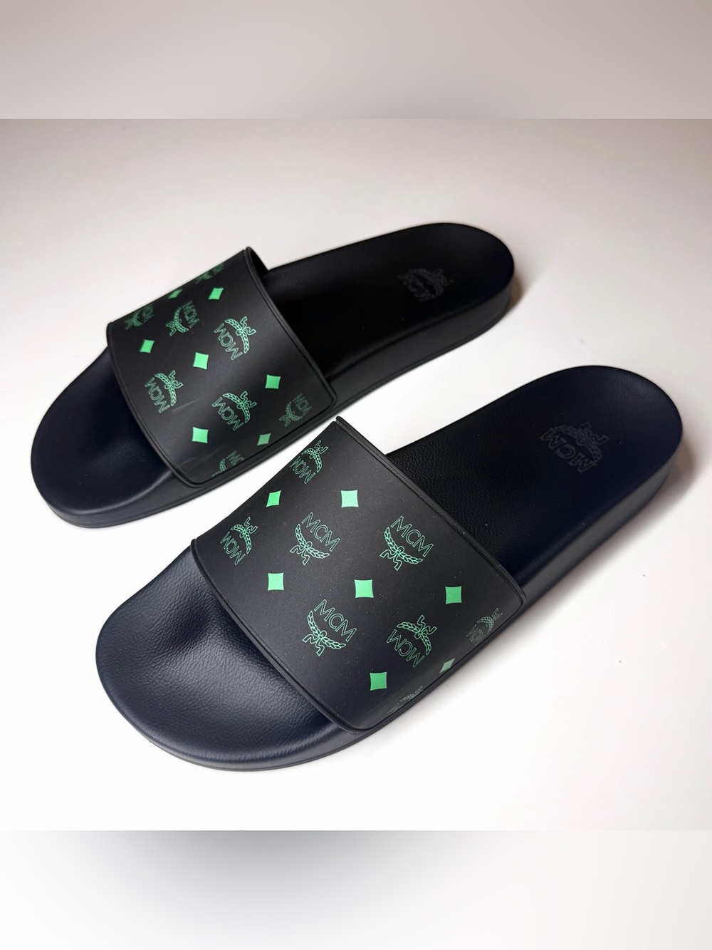 MCM Slides Men’s Black/Green Monogram Print Rubber Slides Shoes US 11 / EU 44